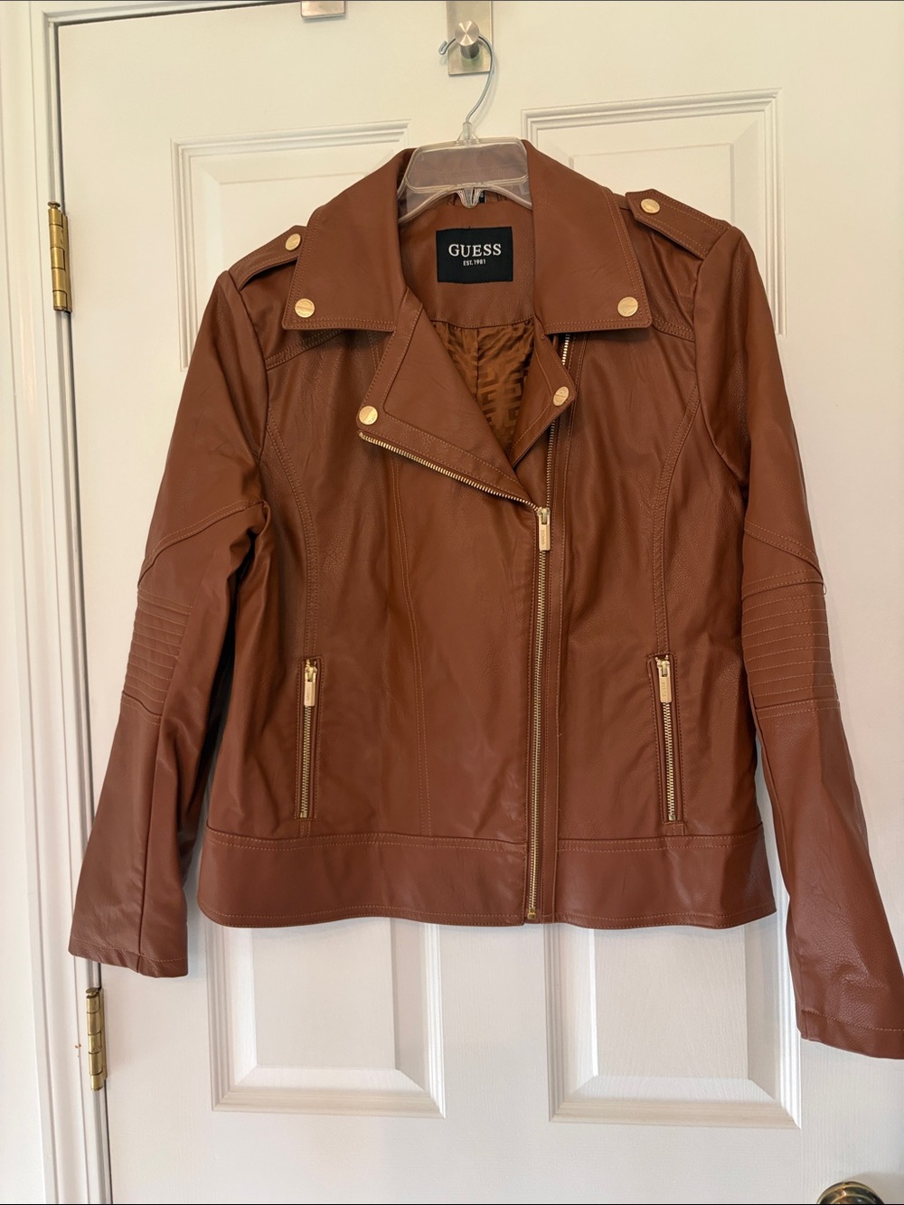 GUESS Cognac Faux Leather Moto Jacket with Gold Hardware NWOT